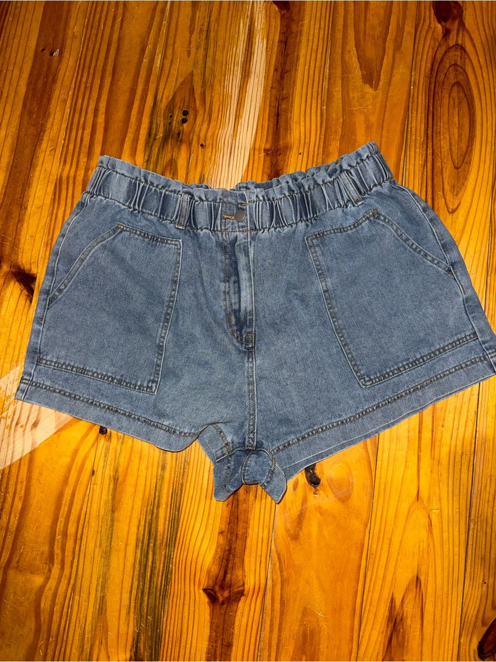 SHEIN Blue Elastic-Waist Denim Shorts with Front Patch Pockets